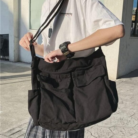 Women Men Crossbody Shoulder Bag Large Tote Bag with Multiple Pockets Canvas Mes - Picture 3 of 7